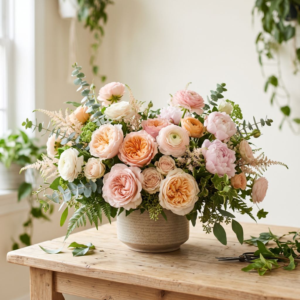 Best-selling lush flower arrangement featuring blush garden roses, ranunculus, peonies, and eucalyptus in a textured stone vase on a wooden table.