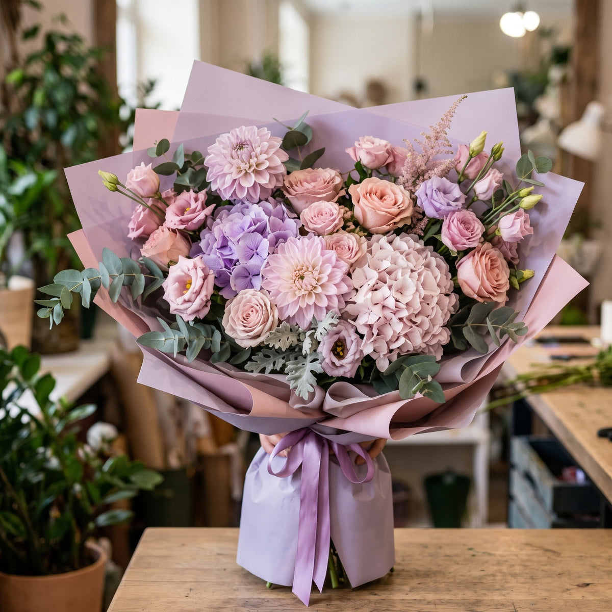 Premium bouquet of blush roses, lavender hydrangeas, pink dahlias and lisianthus wrapped in pastel paper with satin ribbon
