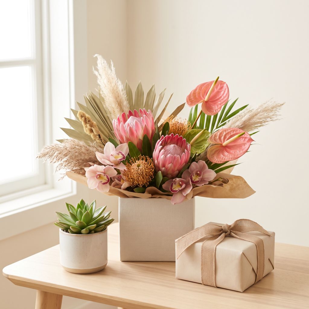 Elegant gift set featuring an exotic arrangement of king protea, orchids, and pampas grass alongside a small potted succulent and a ribbon-tied gift box.