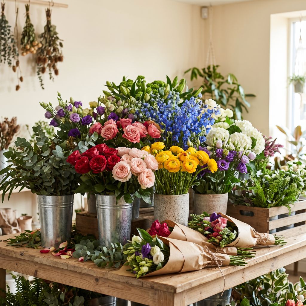 Florist shop market display with assorted fresh blooms, including roses, delphinium, ranunculus, and hand-tied bouquets wrapped in brown paper.