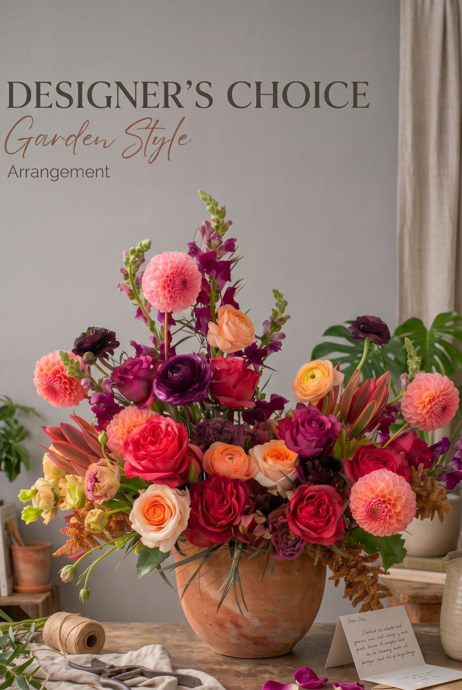 Designer's Choice Garden Style Arrangement: coral dahlias, red roses, purple ranunculus and snapdragons in a terracotta pot