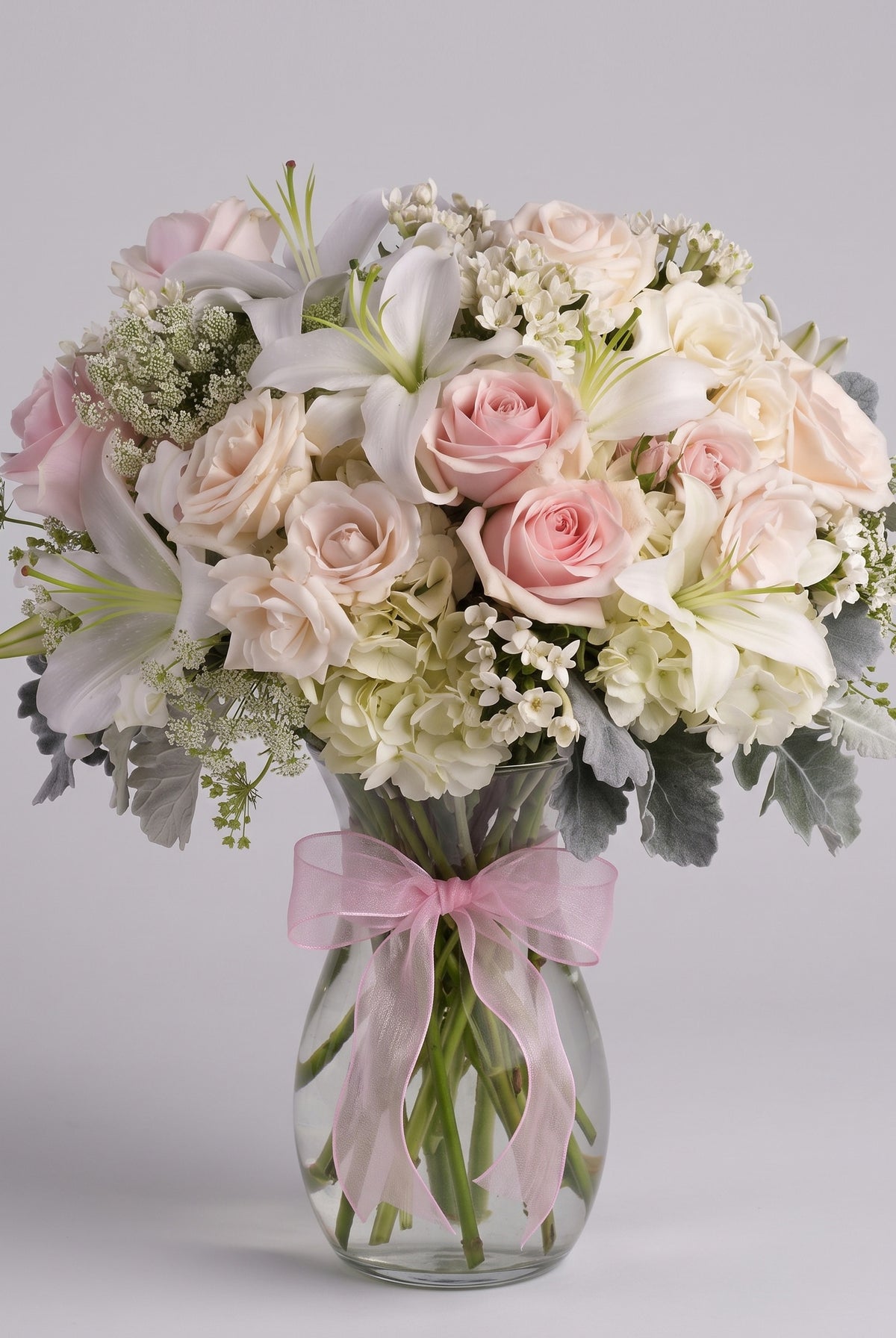 Beautiful Whisper arrangement of blush pink and cream roses, white lilies, white hydrangea and dusty miller in a clear glass vase with a pink bow
