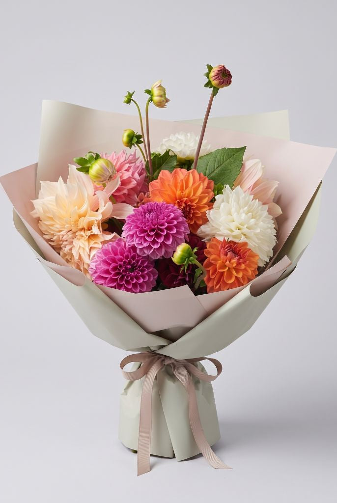 Colorful dahlia bouquet with peach, magenta, orange, pink, white and burgundy dahlias wrapped in blush pink and sage green paper with a taupe ribbon