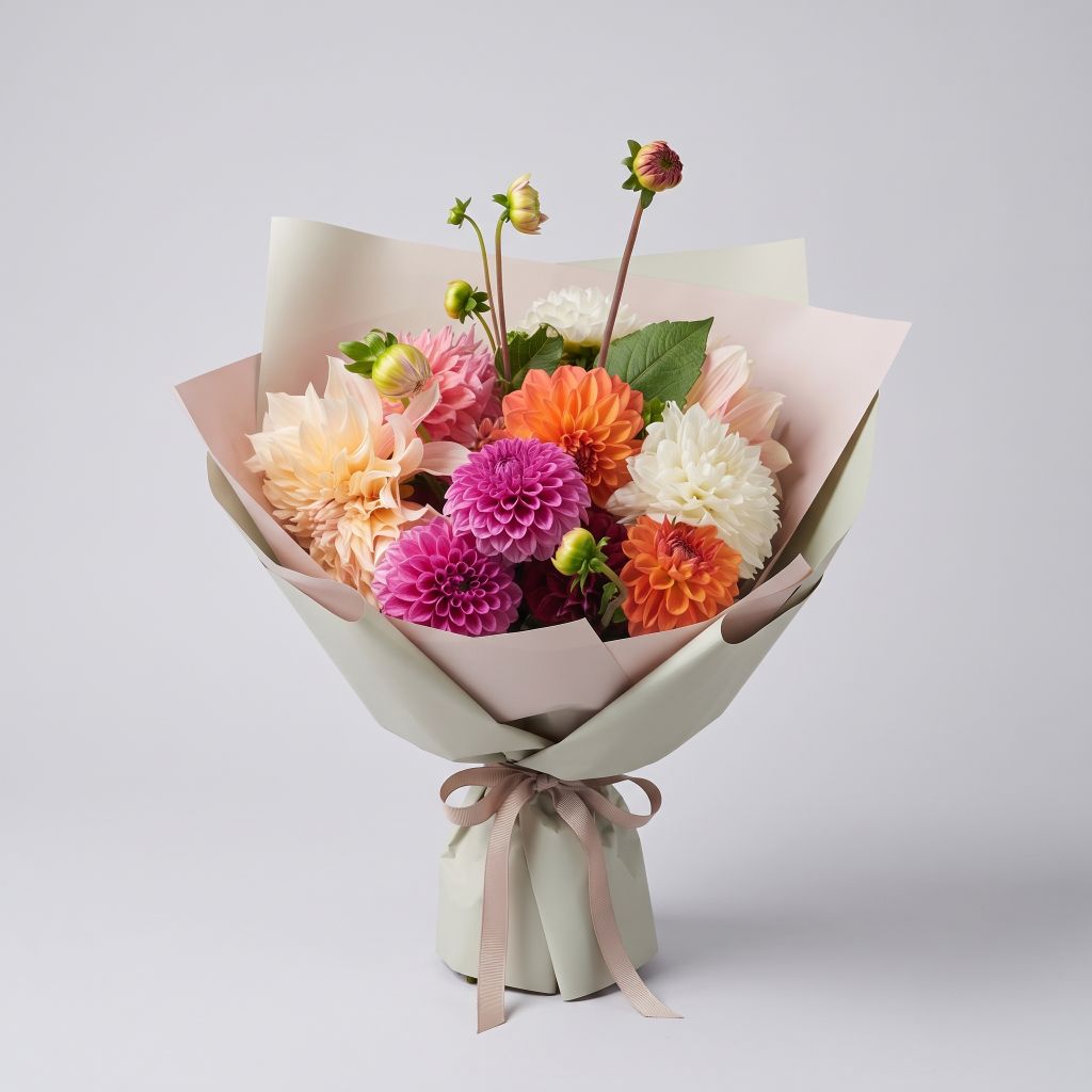 Colorful dahlia bouquet with peach, magenta, orange, pink, white and burgundy dahlias wrapped in blush pink and sage green paper with a taupe ribbon