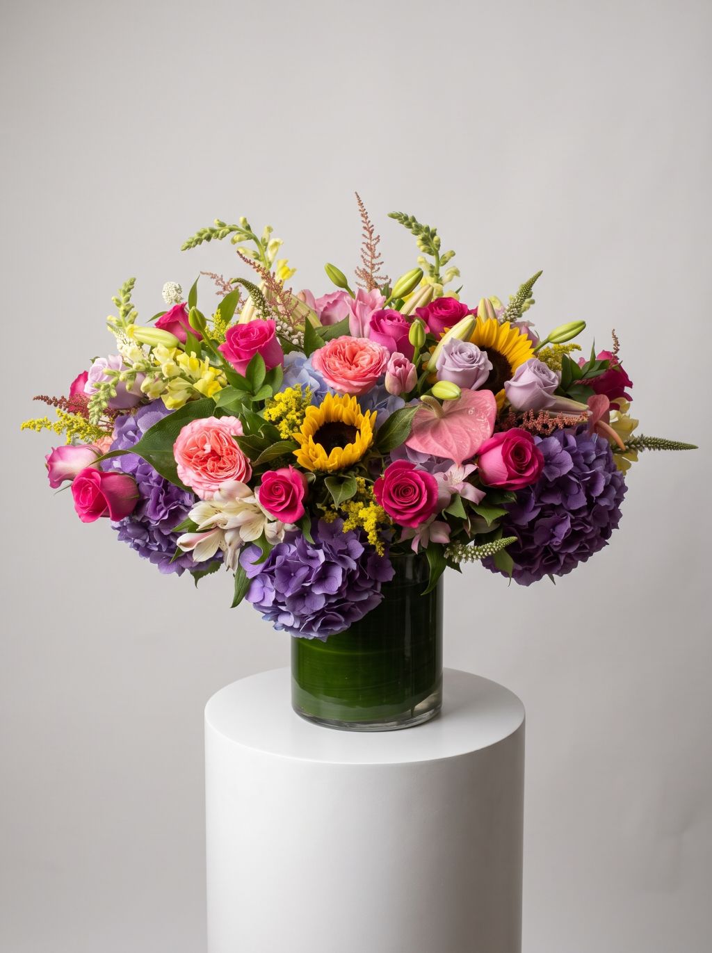 Designer’s choice seasonal arrangement of purple hydrangea, pink and lavender roses, sunflowers, pink anthurium, yellow snapdragons and lilies in a leaf-lined glass vase on a white pedestal