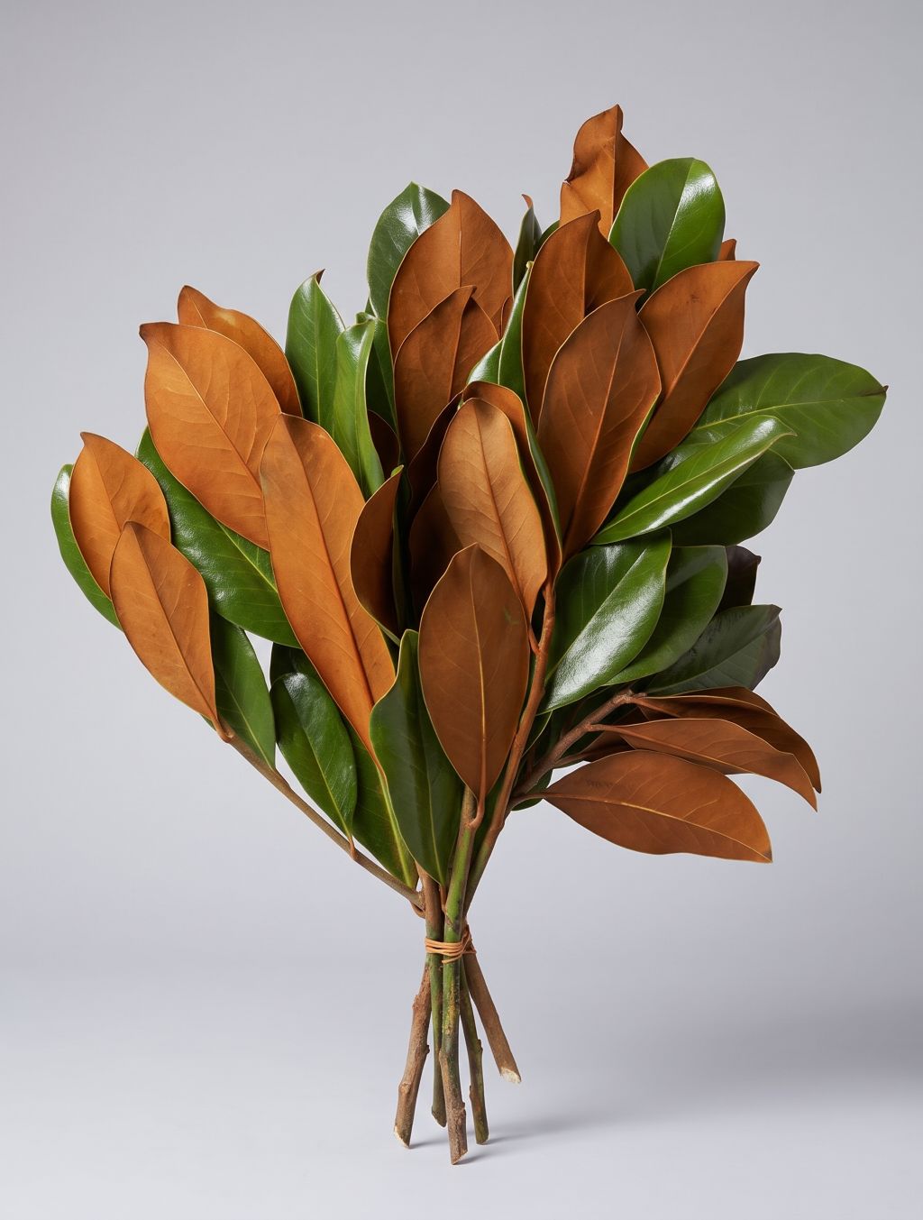 Bunch of magnolia tips with glossy green leaves and rusty brown undersides
