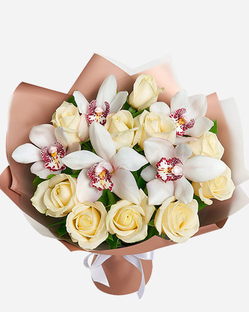 Fresh Blooms Flowers-White Roses & Orchids Bouquet