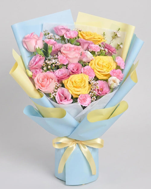 Fresh Blooms Flowers-Spring Yellow & Pink Bouquet