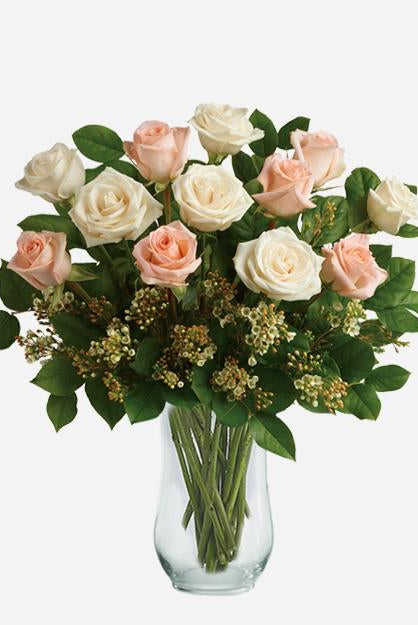 Fresh Blooms Flowers-Dozen Peach & White Roses