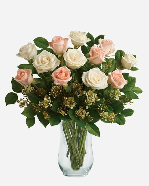 Fresh Blooms Flowers-Dozen Peach & White Roses