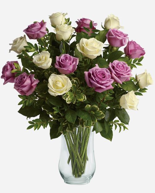Fresh Blooms Flowers-Two Dozen Mauve & White Roses