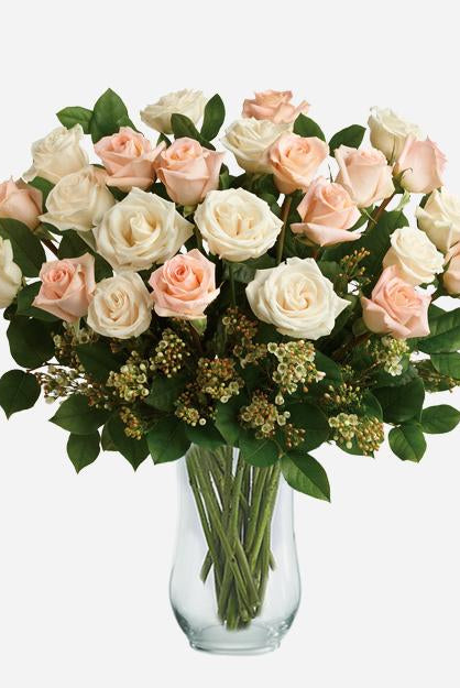 Fresh Blooms Flowers-Two Dozen Peach & White Roses
