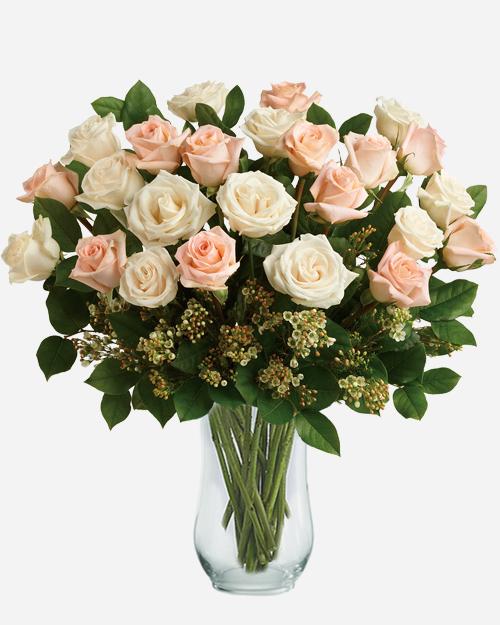 Fresh Blooms Flowers-Two Dozen Peach & White Roses