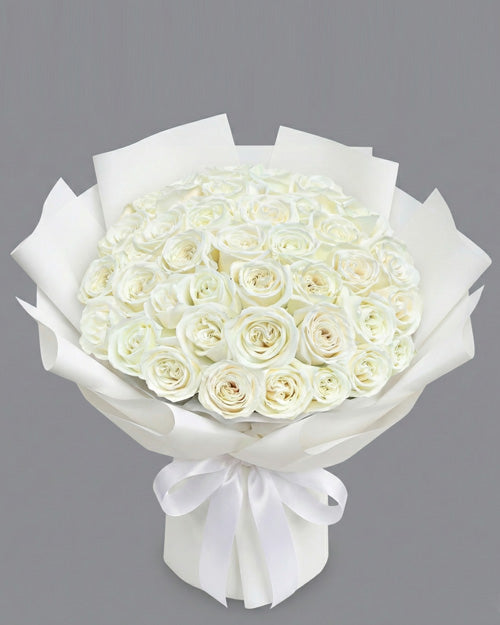 Fresh Blooms Flowers-50 White Roses Deluxe Bouquet