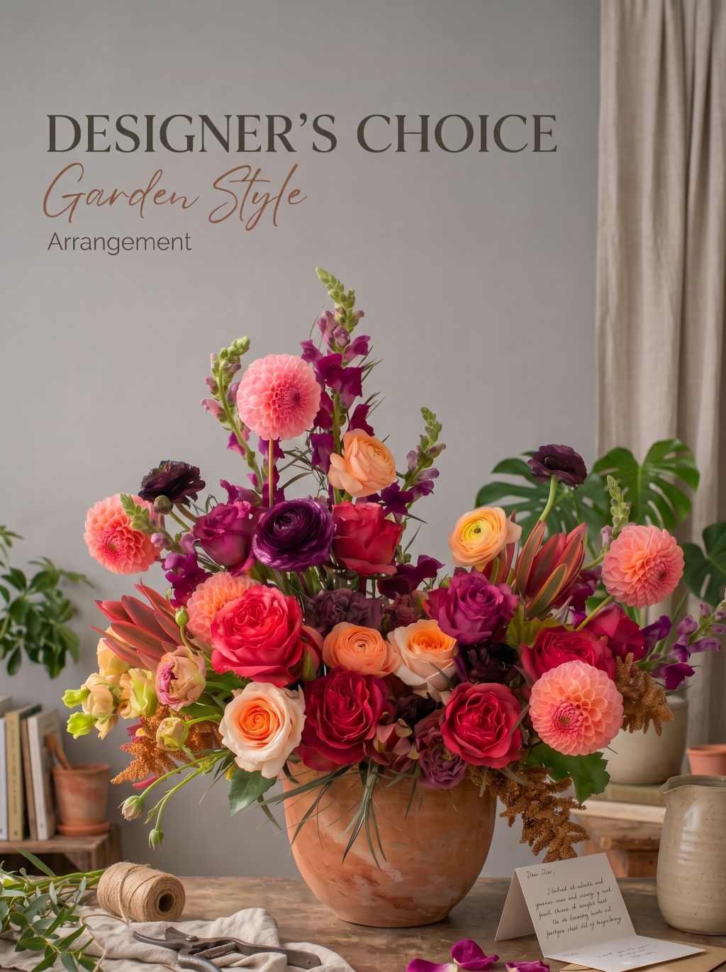 Designer's Choice Garden Style Arrangement: coral dahlias, red roses, purple ranunculus and snapdragons in a terracotta pot