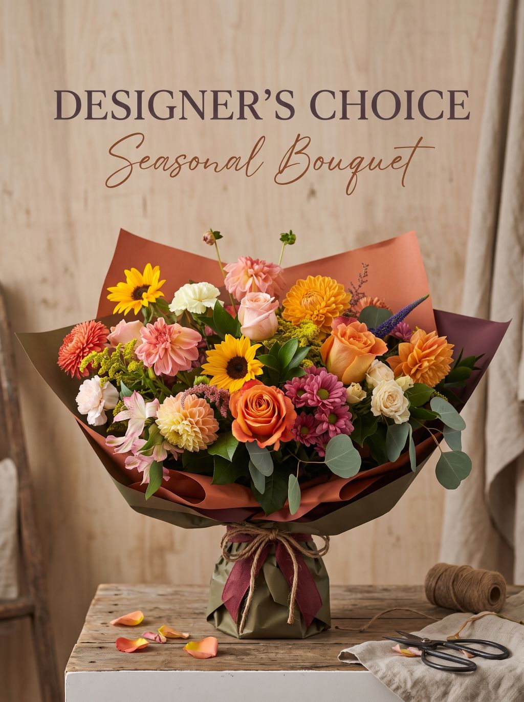Designer's Choice Seasonal Bouquet: sunflowers, orange roses, peach dahlias and carnations wrapped in rust and olive paper with twine