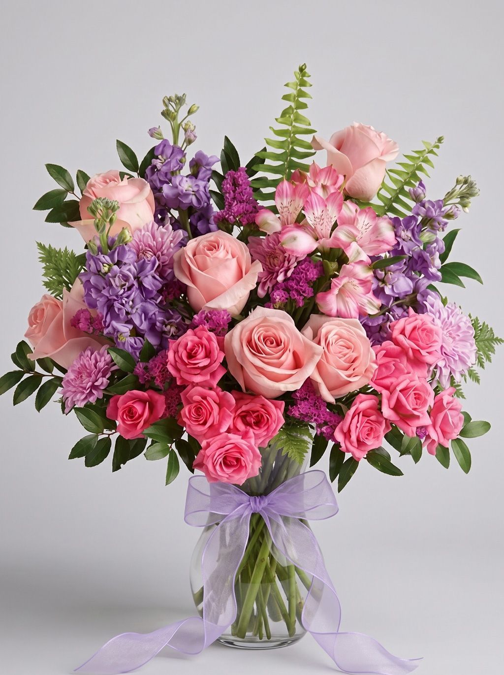 Beautiful Spirit arrangement of pink roses, hot pink spray roses, lavender stock, pink alstroemeria and magenta statice in a clear glass vase with a lavender bow