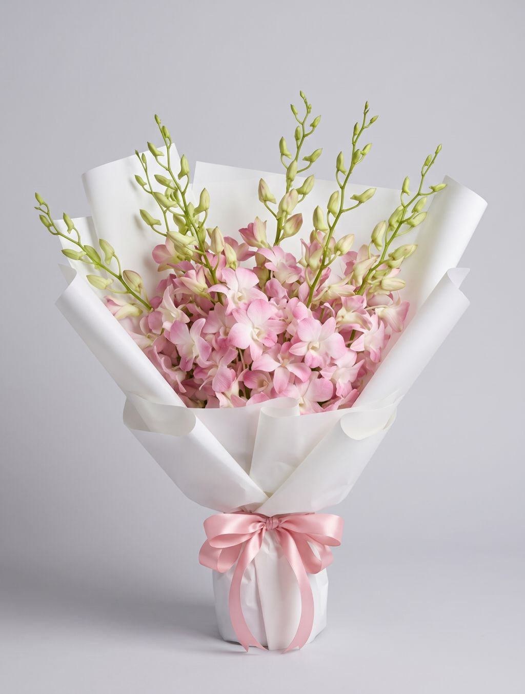Blush Dendrobium Bouquet of soft pink and white dendrobium orchids with green buds wrapped in white paper with a pink satin ribbon