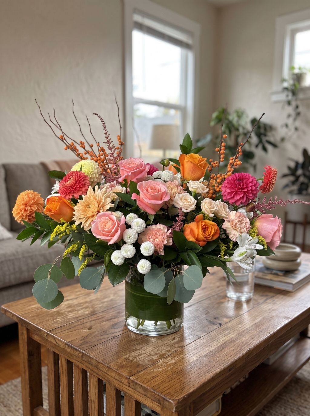 Designer’s choice fall arrangement of pink and orange roses, dahlias, carnations, white button mums, orange berries and eucalyptus in a leaf-lined glass vase on a wooden coffee table