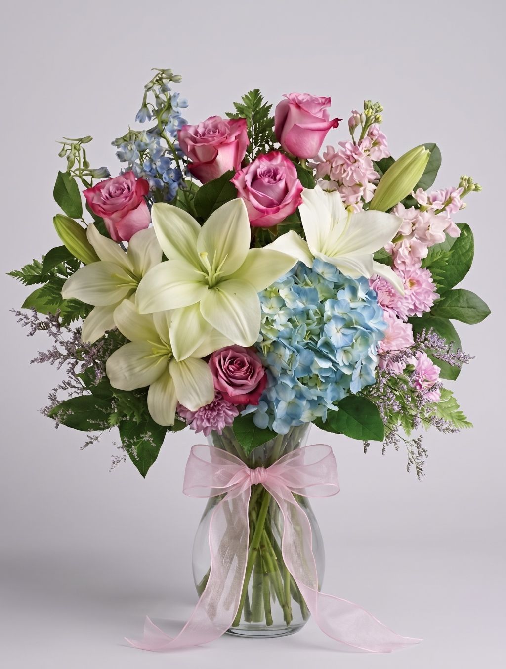 Gentle Comfort arrangement of white lilies, mauve-pink roses, blue hydrangea, blue delphinium, pink stock and purple limonium in a clear glass vase with a pink bow