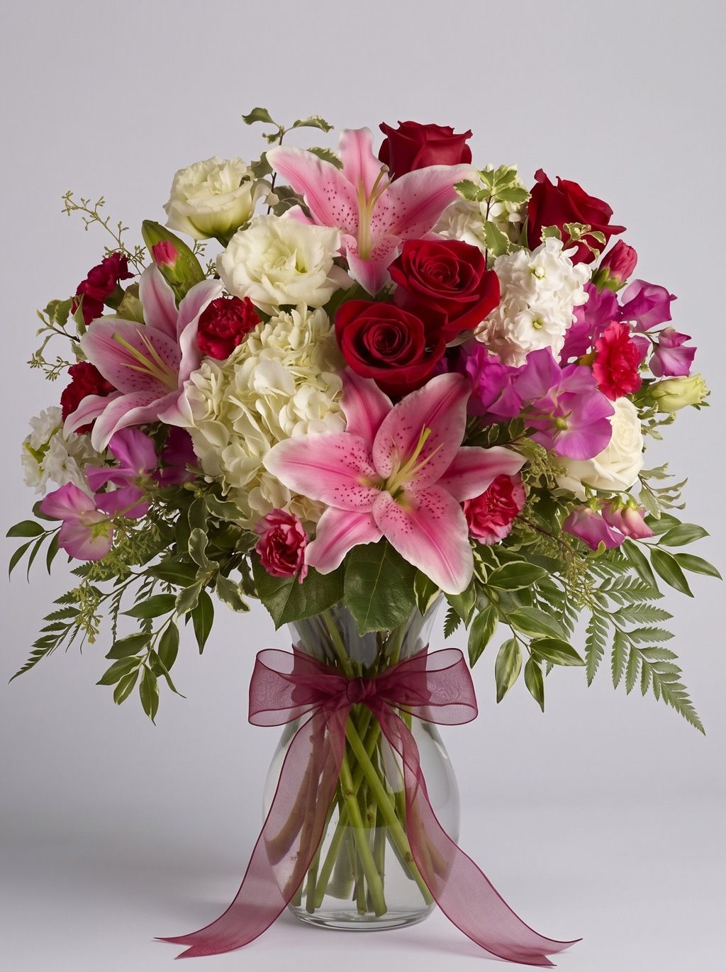 Kensington Gardens arrangement of pink stargazer lilies, red roses, white hydrangea, lisianthus, sweet peas and carnations in a clear glass vase with a burgundy bow.
