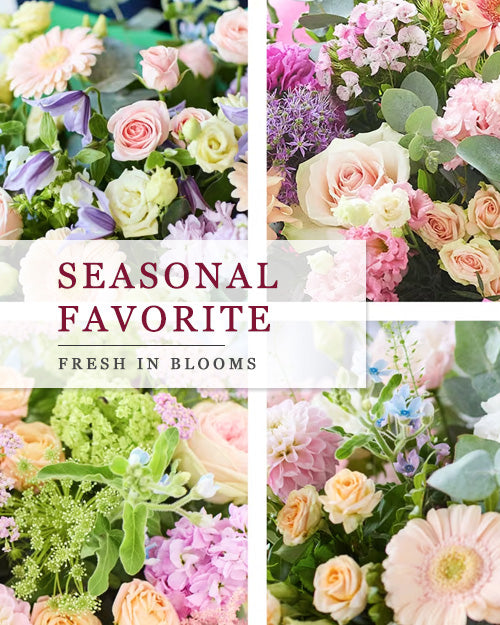 Collage of various flower arrangements with 'Seasonal Favorite' text overlay.