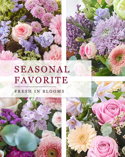 Collage of various flower arrangements with 'Seasonal Favorite' text overlay.