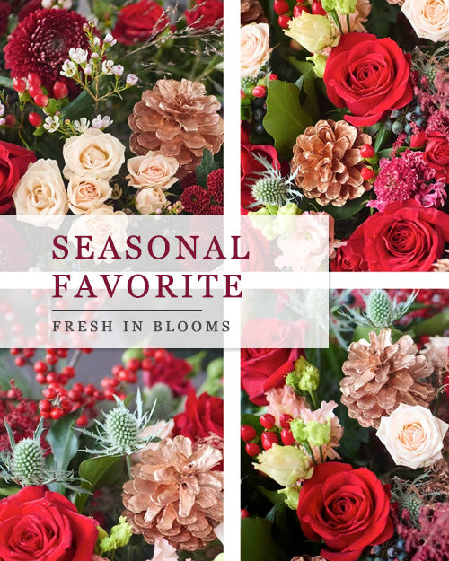 Collage of various floral arrangements with 'Seasonal Favorite' text overlay.