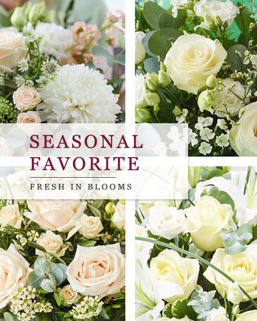 Collage of various flower arrangements with 'Seasonal Favorite' text overlay.