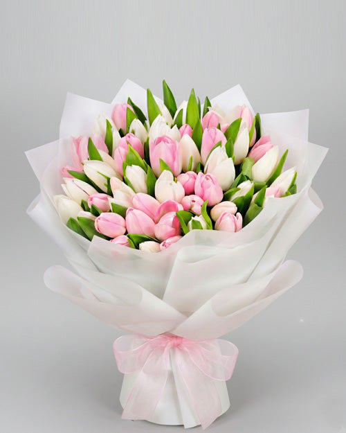 Bouquet of pink and white tulips wrapped in white paper with a pink bow on a gray background