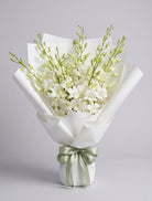 White Dendrobium Bouquet of white dendrobium orchids with green buds wrapped in white paper with a sage green satin ribbon