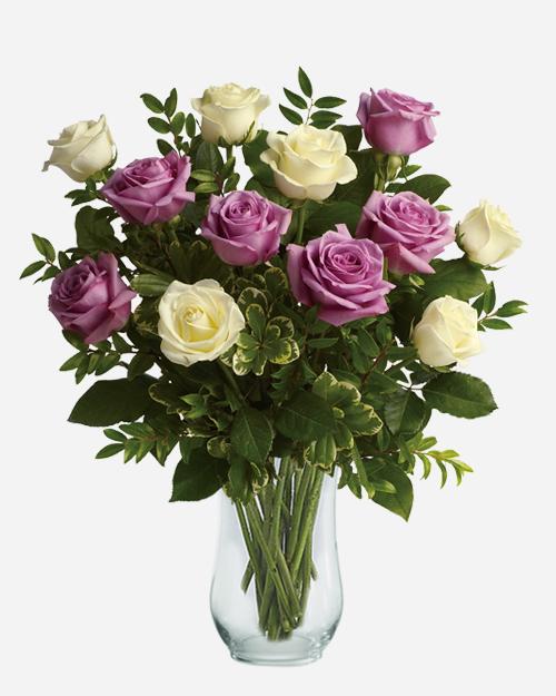 Fresh Blooms Flowers-Dozen Mauve & White Roses