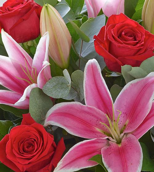 Fresh Blooms Flowers-Red Roses & Pink Lilies Bouquet